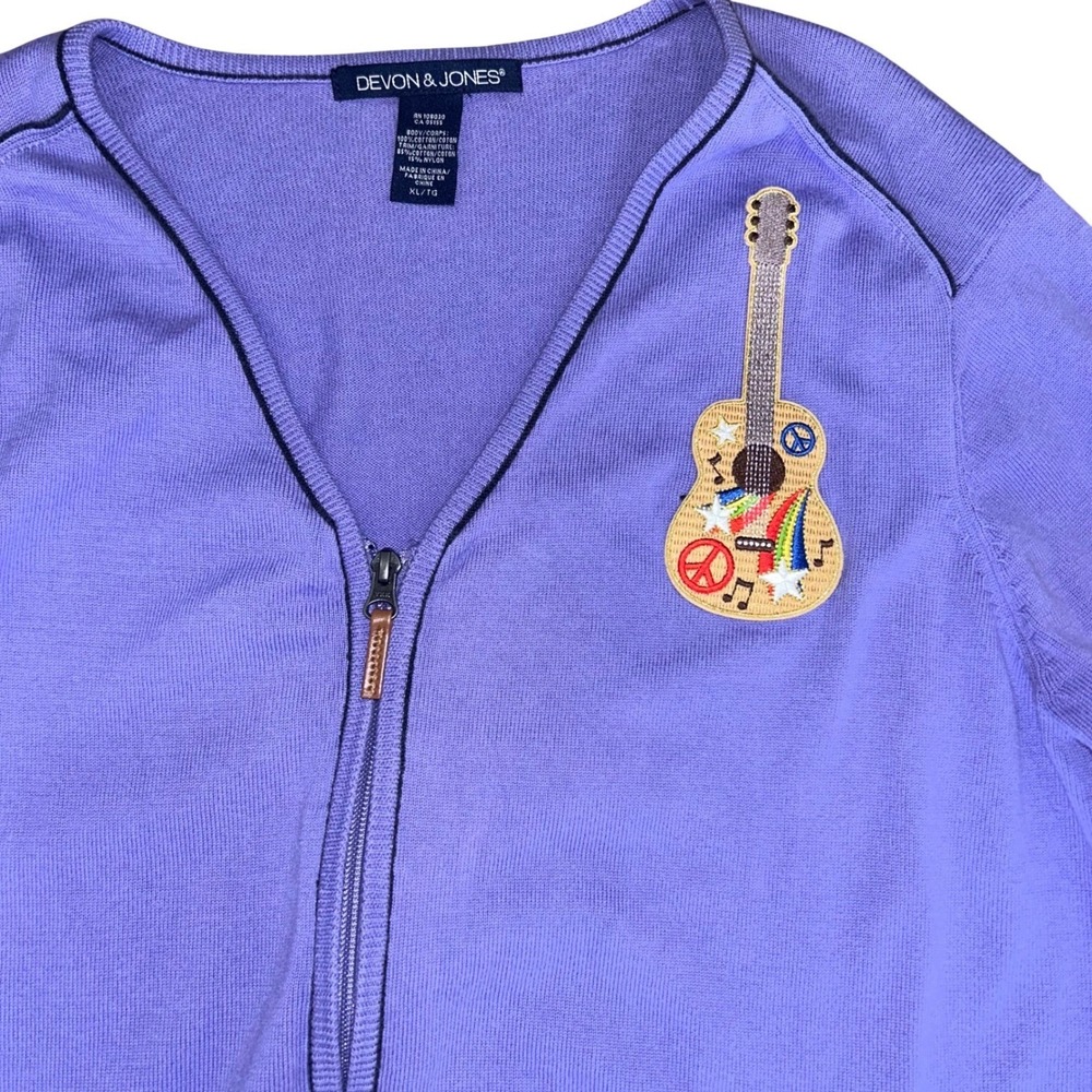 Womens Purple Guitar Patch Zip Up Cardigan‎ Sweater XL